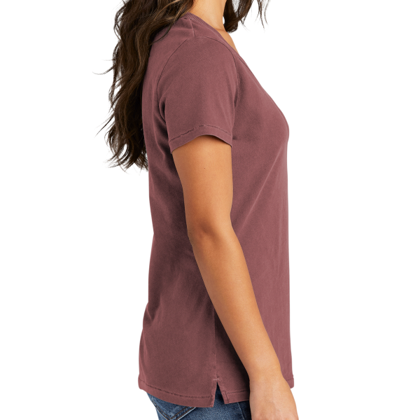 Port & Co Women's Beach Wash ® Garment Dyed V Neck Tee, Nostalgia Rose, Right Sleeve view