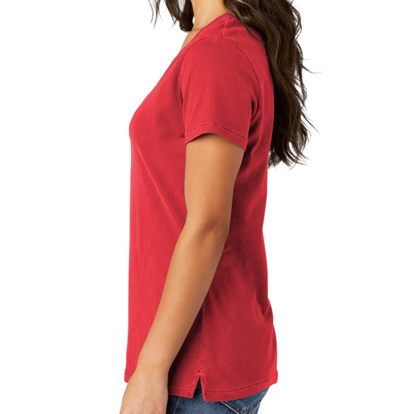 Port & Co Women's Beach Wash ® Garment Dyed V Neck Tee, Poppy, Left Sleeve view