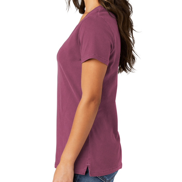 Port & Co Women's Beach Wash ® Garment Dyed V Neck Tee, Vintage Raspberry, Left Sleeve view