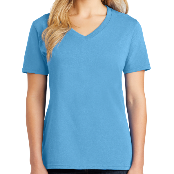 Port & Co Women's Core Cotton V Neck Tee, Aquatic Blue, Front view