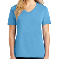 Port & Co Women's Core Cotton V Neck Tee, Aquatic Blue, Front view