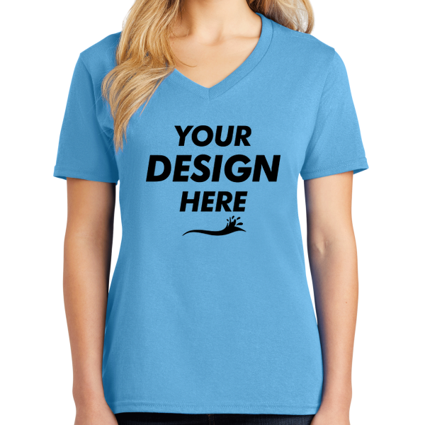 Port & Co Women's Core Cotton V Neck Tee, Aquatic Blue, Front view, Mockup