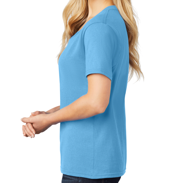 Port & Co Women's Core Cotton V Neck Tee, Aquatic Blue, Left Sleeve view