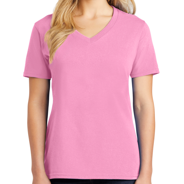 Port & Co Women's Core Cotton V Neck Tee, Candy Pink, Front view