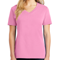 Port & Co Women's Core Cotton V Neck Tee, Candy Pink, Front view