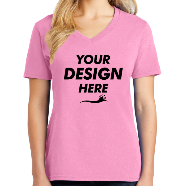 Port & Co Women's Core Cotton V Neck Tee, Candy Pink, Front view, Mockup