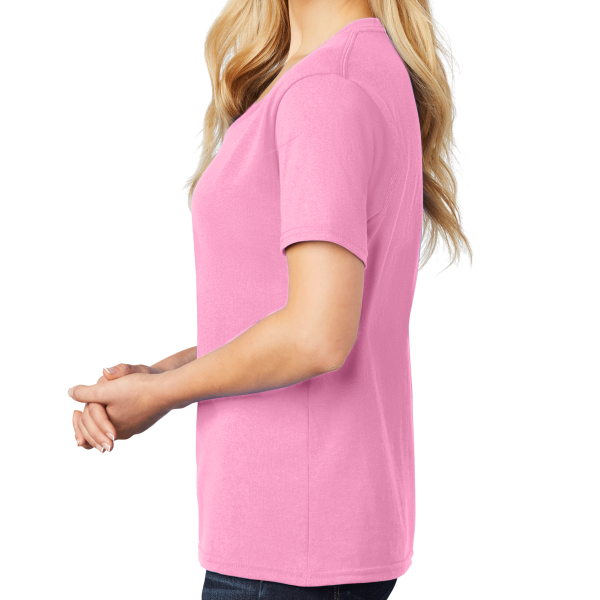 Port & Co Women's Core Cotton V Neck Tee, Candy Pink, Left Sleeve view