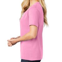 Port & Co Women's Core Cotton V Neck Tee, Candy Pink, Left Sleeve view