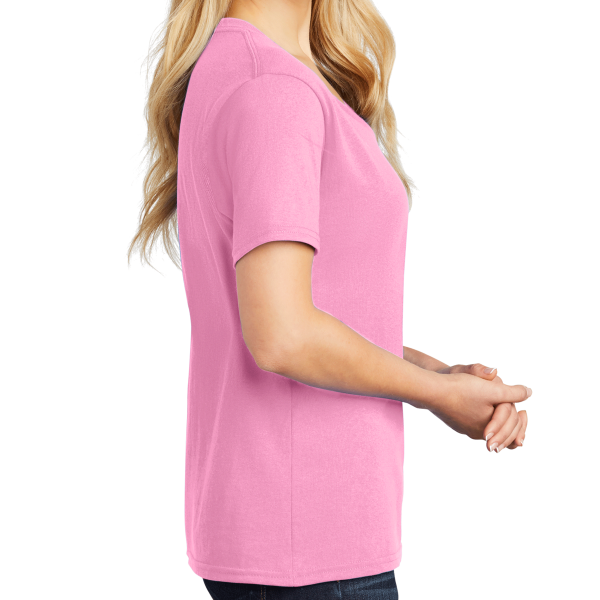 Port & Co Women's Core Cotton V Neck Tee, Candy Pink, Right Sleeve view