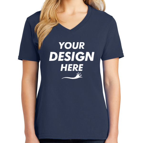 Port & Co Women's Core Cotton V Neck Tee, Navy, Front view, Mockup