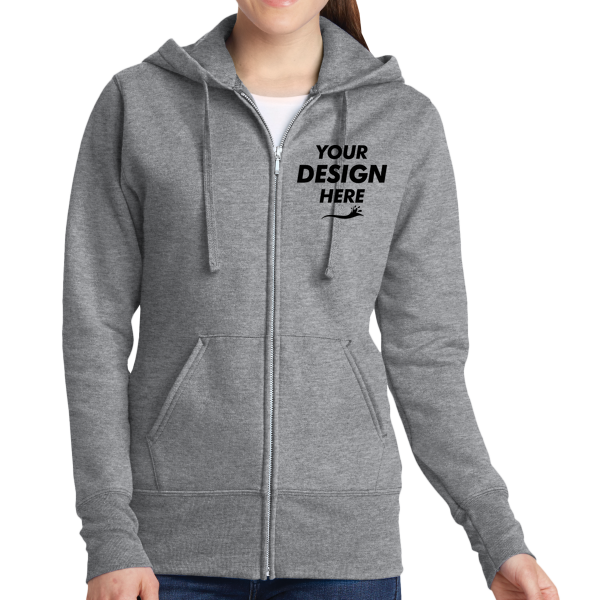 Port & Co Women's Core Fleece Full Zip Hooded Sweatshirt, Athletic Heather, Front view, Mockup