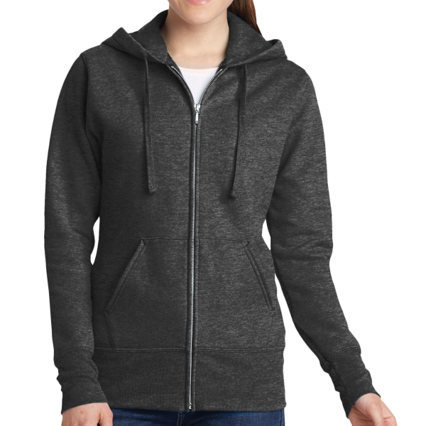 Port & Co Women's Core Fleece Full Zip Hooded Sweatshirt, Dark Heather Grey, Front view
