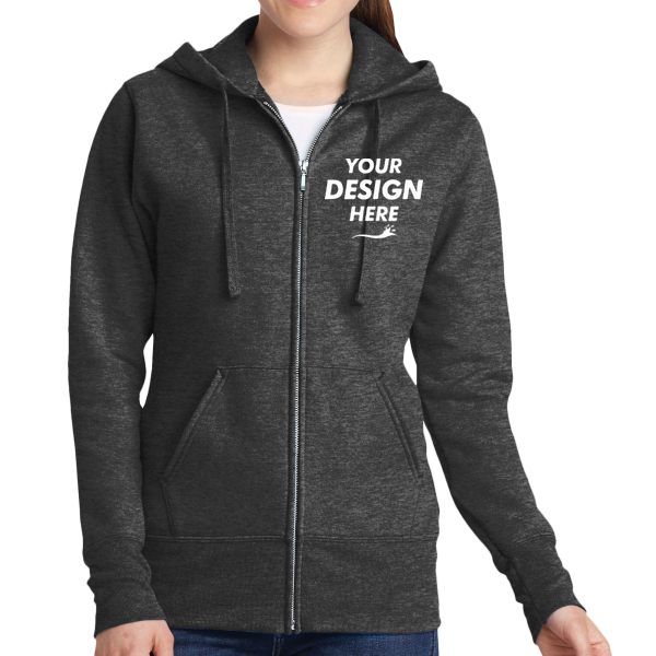 Port & Co Women's Core Fleece Full Zip Hooded Sweatshirt, Dark Heather Grey, Front view, Mockup