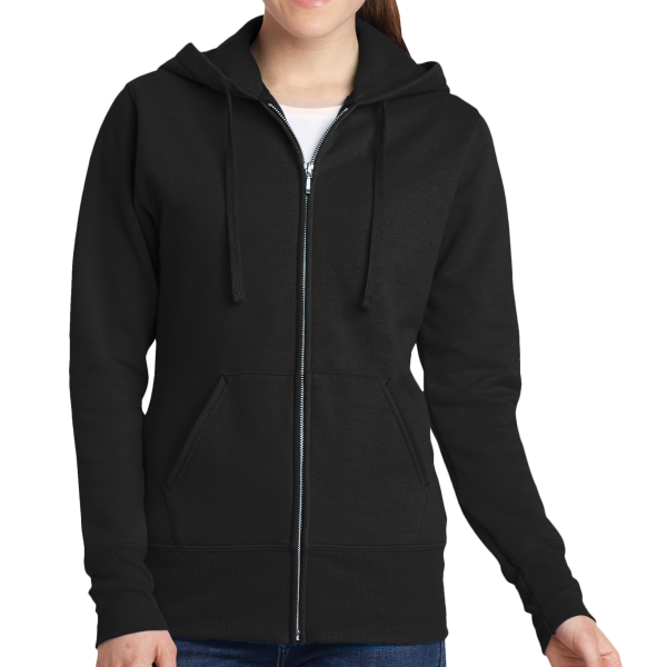 Port & Co Women's Core Fleece Full Zip Hooded Sweatshirt, Jet Black, Front view