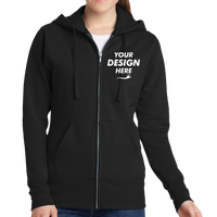 Port & Co Women's Core Fleece Full Zip Hooded Sweatshirt, Jet Black, Front view, Mockup