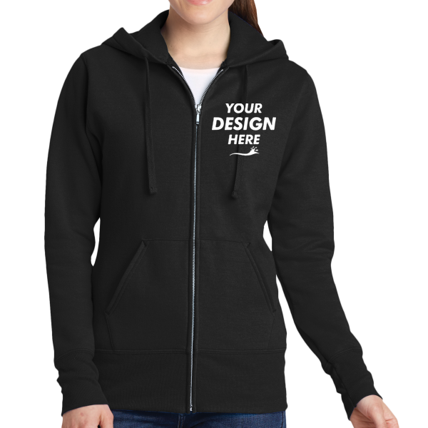 Port & Co Women's Core Fleece Full Zip Hooded Sweatshirt, Jet Black, Front view, Mockup