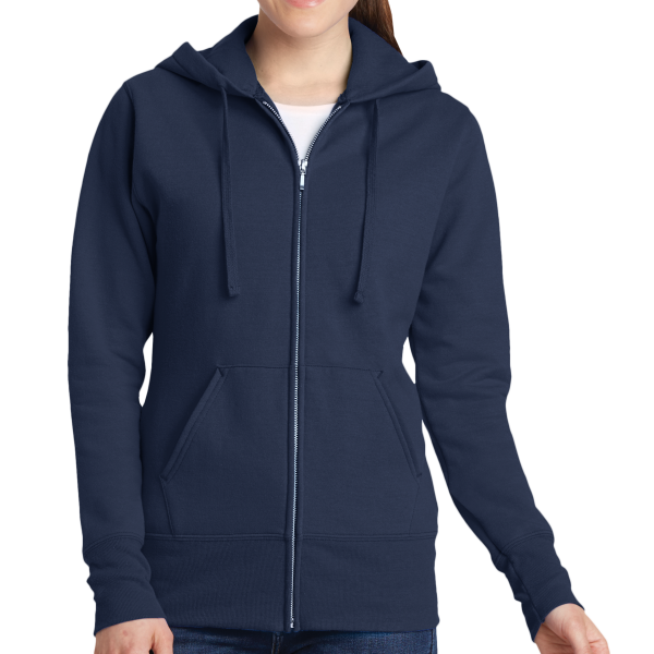 Port & Co Women's Core Fleece Full Zip Hooded Sweatshirt, Navy, Front view