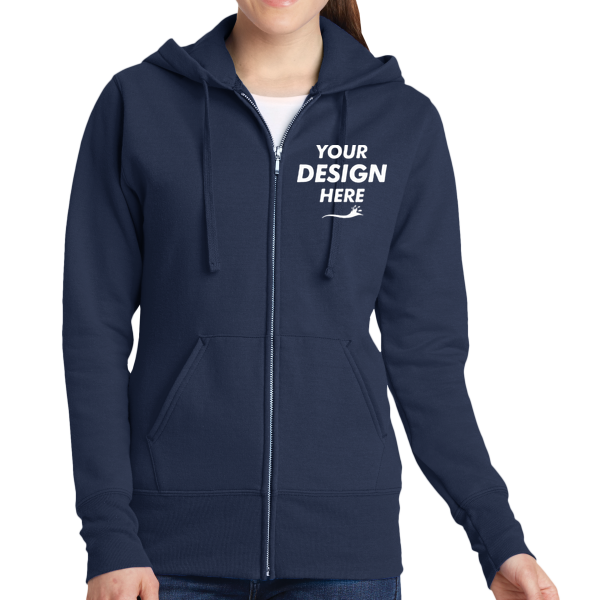 Port & Co Women's Core Fleece Full Zip Hooded Sweatshirt, Navy, Front view, Mockup