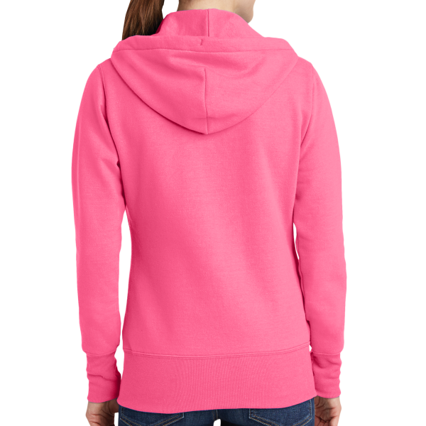 Port & Co Women's Core Fleece Full Zip Hooded Sweatshirt, Neon Pink, Back view