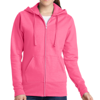 Port & Co Women's Core Fleece Full Zip Hooded Sweatshirt, Neon Pink, Front view