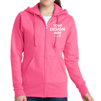 Port & Co Women's Core Fleece Full Zip Hooded Sweatshirt, Neon Pink, Front view, Mockup