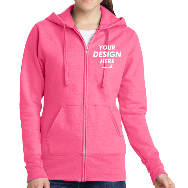 Port & Co Women's Core Fleece Full Zip Hooded Sweatshirt, Neon Pink, Front view, Mockup