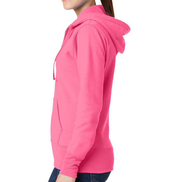 Port & Co Women's Core Fleece Full Zip Hooded Sweatshirt, Neon Pink, Left Side view