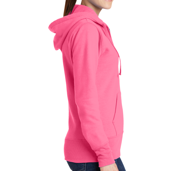 Port & Co Women's Core Fleece Full Zip Hooded Sweatshirt, Neon Pink, Right Side view