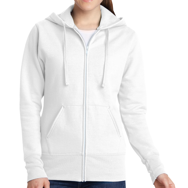 Port & Co Women's Core Fleece Full Zip Hooded Sweatshirt, White, Front view