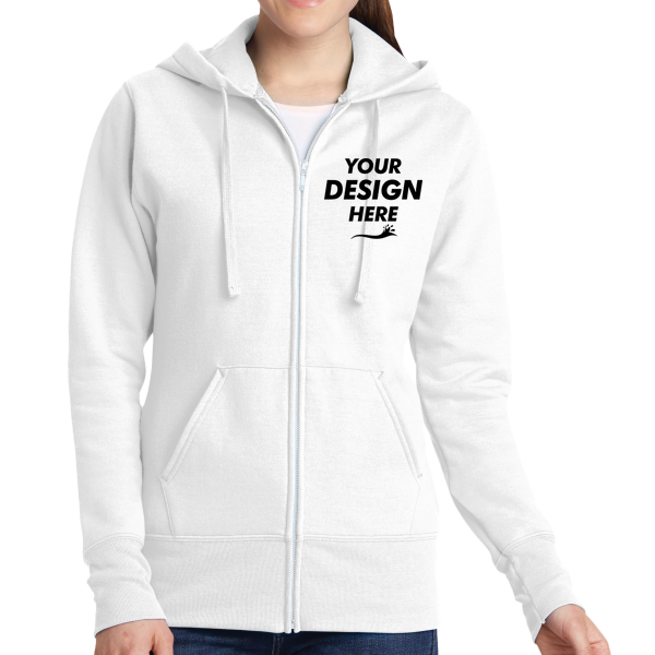 Port & Co Women's Core Fleece Full Zip Hooded Sweatshirt, White, Front view, Mockup