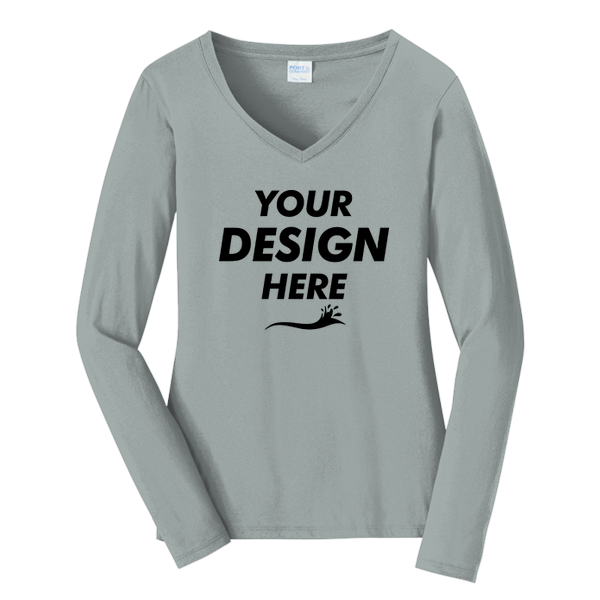 Port & Co Women's Long Sleeve Fan Favorite V Neck Tee, Athletic Heather, Front view, Mockup