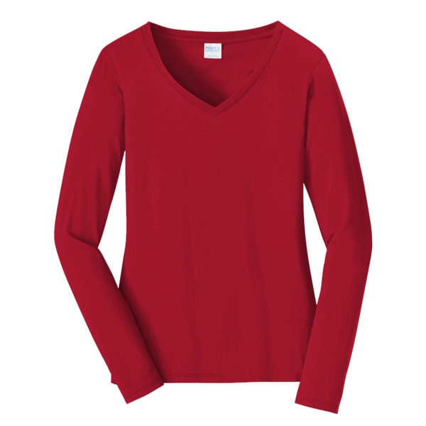Port & Co Women's Long Sleeve Fan Favorite V Neck Tee, Bright Red, Front view