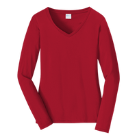 Port & Co Women's Long Sleeve Fan Favorite V Neck Tee, Bright Red, Front view