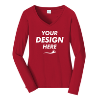Port & Co Women's Long Sleeve Fan Favorite V Neck Tee, Bright Red, Front view, Mockup
