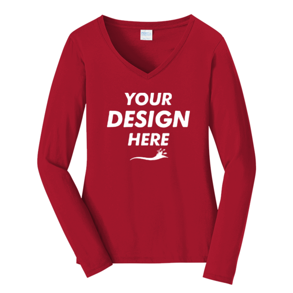 Port & Co Women's Long Sleeve Fan Favorite V Neck Tee, Bright Red, Front view, Mockup