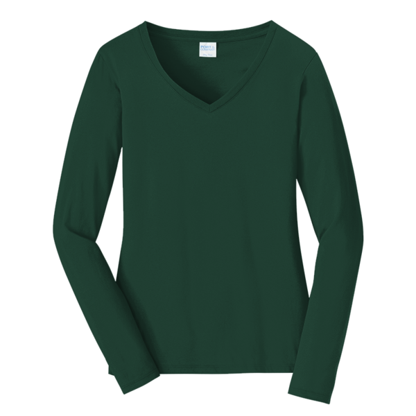 Port & Co Women's Long Sleeve Fan Favorite V Neck Tee, Forest Green, Front view