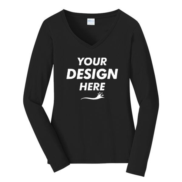 Port & Co Women's Long Sleeve Fan Favorite V Neck Tee, Jet Black, Front view, Mockup