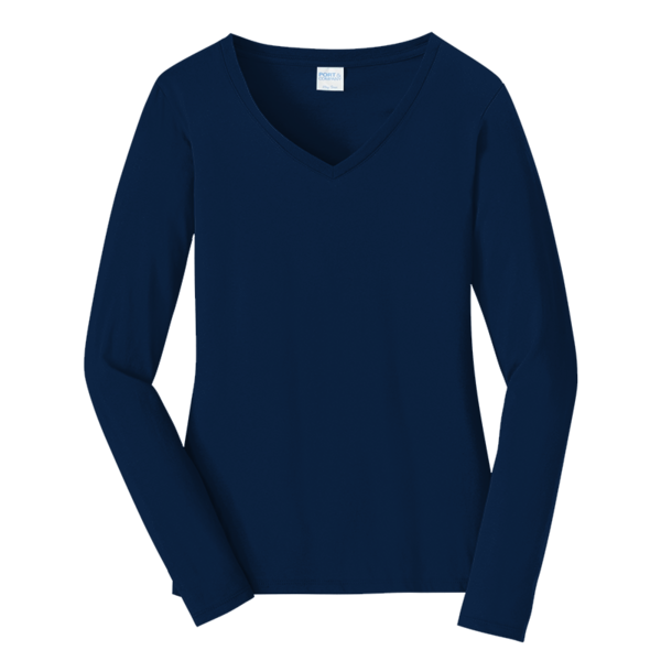 Port & Co Women's Long Sleeve Fan Favorite V Neck Tee, Team Navy, Front view
