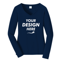 Port & Co Women's Long Sleeve Fan Favorite V Neck Tee, Team Navy, Front view, Mockup