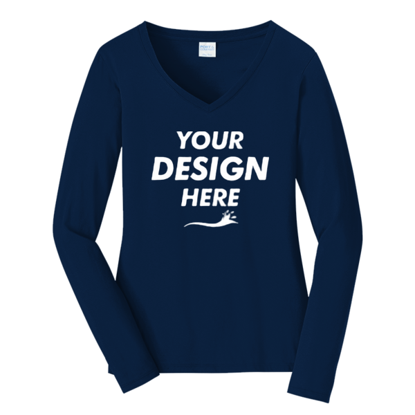 Port & Co Women's Long Sleeve Fan Favorite V Neck Tee, Team Navy, Front view, Mockup