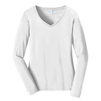Port & Co Women's Long Sleeve Fan Favorite V Neck Tee, White, Front view