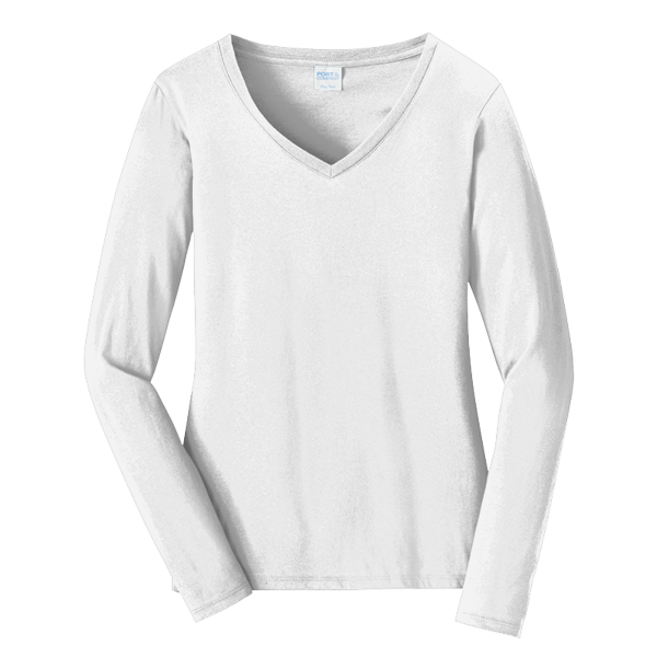 Port & Co Women's Long Sleeve Fan Favorite V Neck Tee, White, Front view