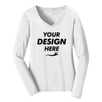 Port & Co Women's Long Sleeve Fan Favorite V Neck Tee, White, Front view, Mockup