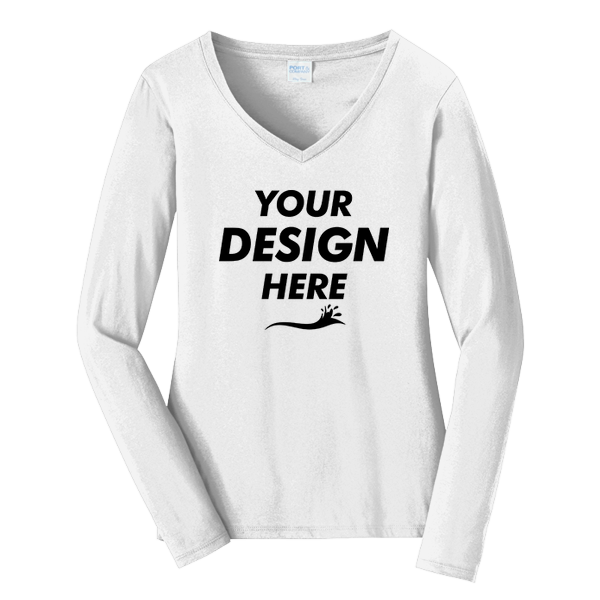 Port & Co Women's Long Sleeve Fan Favorite V Neck Tee, White, Front view, Mockup