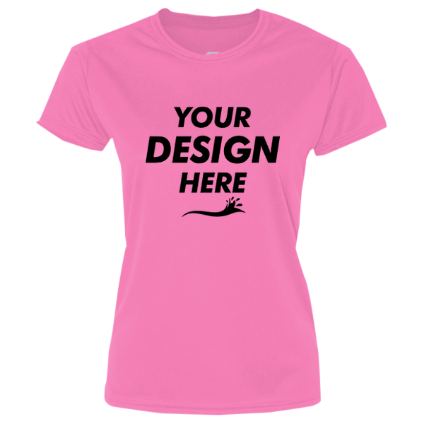 Port & Co Women's Performance Tee, Neon Pink, Front view, Mockup