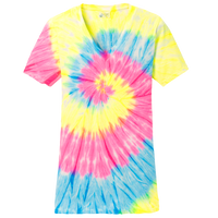 Port & Co Women's Tie Dye V Neck Tee, Neon Rainbow, Front view