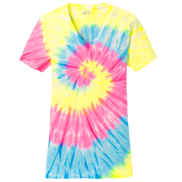 Port & Co Women's Tie Dye V Neck Tee, Neon Rainbow, Front view