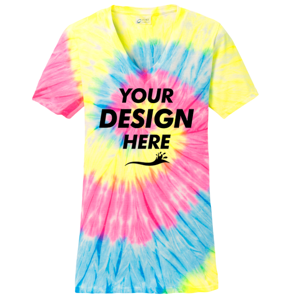 Port & Co Women's Tie Dye V Neck Tee, Neon Rainbow, Front view, Mockup