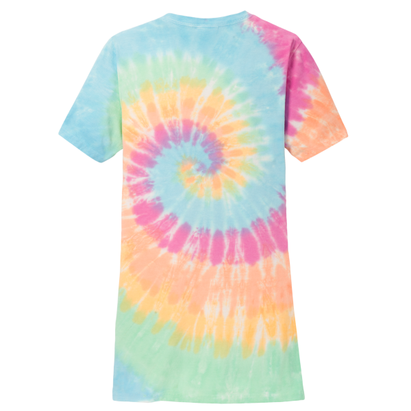 Port & Co Women's Tie Dye V Neck Tee, Pastel Rainbow, Back view