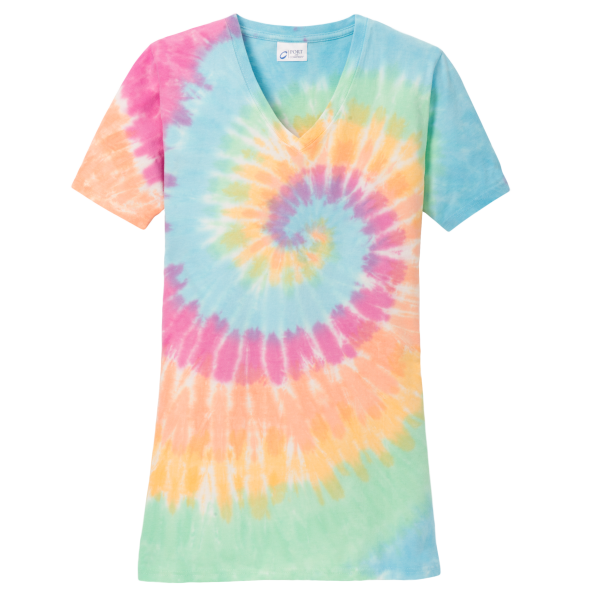 Port & Co Women's Tie Dye V Neck Tee, Pastel Rainbow, Front view